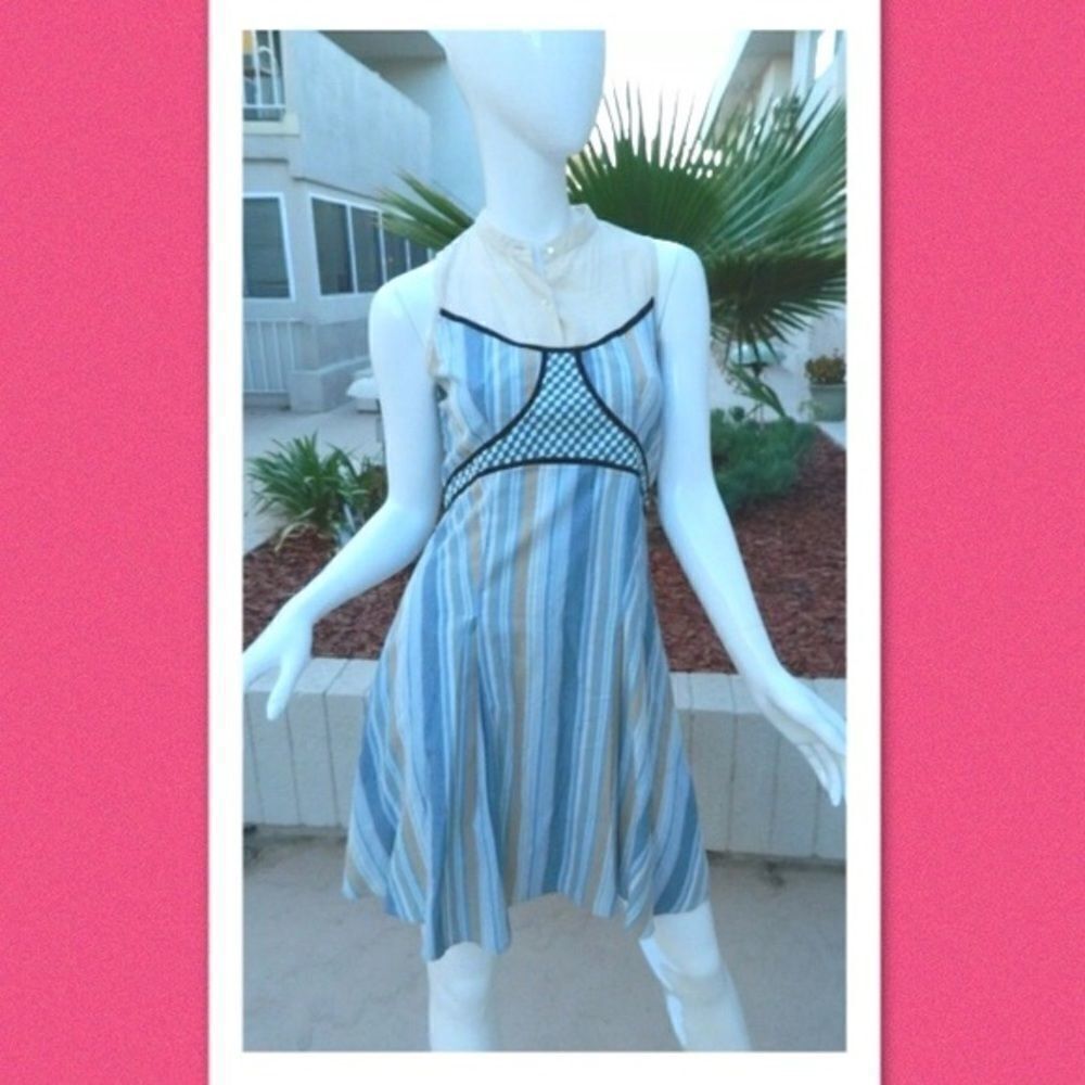 FREE PEOPLE Dress Blue Beige Striped Cotton Beach Boho Lightweight Side 4‎